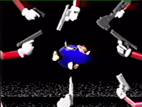 a cartoon character is surrounded by hands holding guns