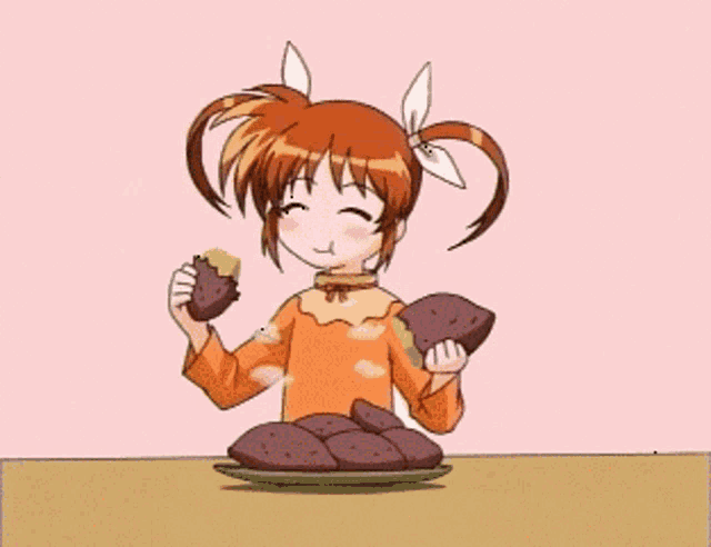 a girl with pigtails is eating sweet potatoes on a plate