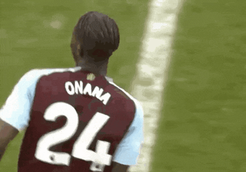 a soccer player wearing a maroon jersey with the number 24 on the back is standing on a field .
