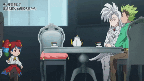 a group of anime characters are sitting around a table with a teapot