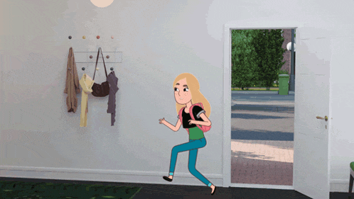 a cartoon of a girl running through an open door