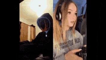 a girl wearing headphones and a sweatshirt that says ' i want you ' on it