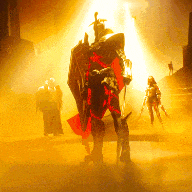 a knight with a sword and shield stands in front of a group of people