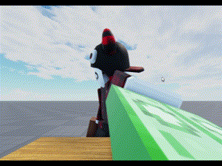 a cartoon character is standing on a wooden platform with a green box in front of him .