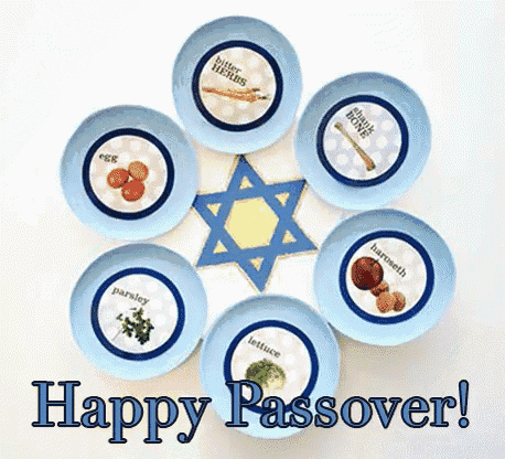 a happy passover card with a star of david and plates of food