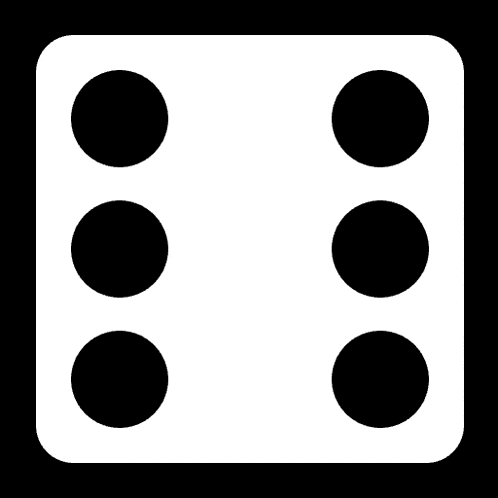 a white dice with three black circles on each side on a black background .