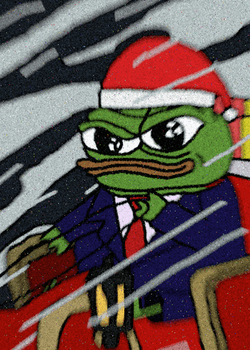 a green frog wearing a santa hat is driving a red sleigh