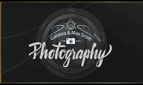 a logo for galatea and max scott photography with a camera lens