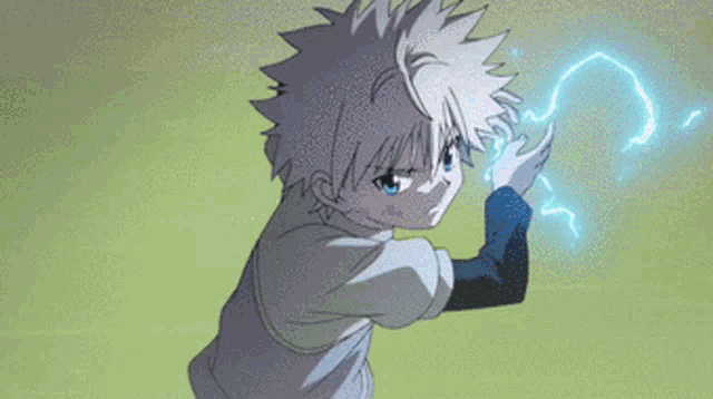a boy with white hair and blue eyes throws a lightning bolt