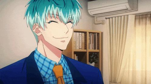a man with blue hair and a blue suit smiles