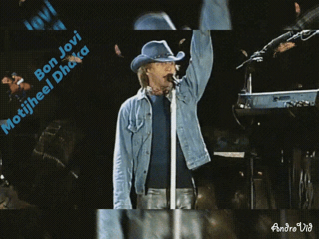 a man in a cowboy hat singing into a microphone with the words bon jovi motijheel dhaka above him