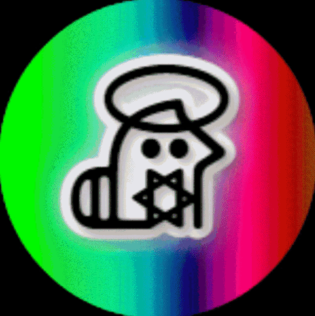 a rainbow colored circle with a sticker of a ghost on it