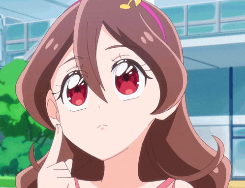 a girl with red eyes and a pink headband has her finger on her forehead