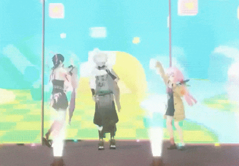 three anime characters are standing in front of a screen