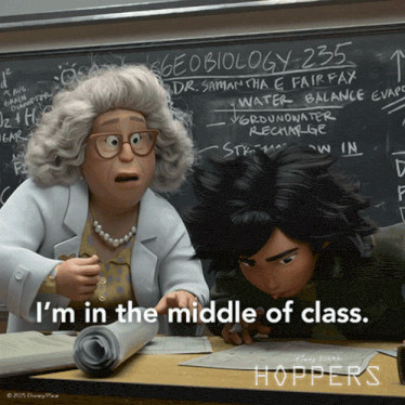 two cartoon characters are sitting in front of a blackboard with the words i 'm in the middle of class written on it