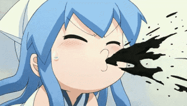 a cartoon girl with blue hair is blowing black smoke out of her nose