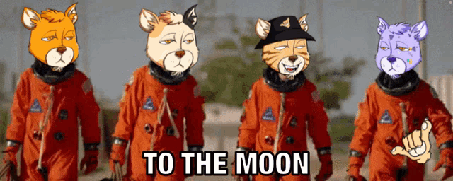 a group of cartoon animals are walking in a line with the words to the moon in the background