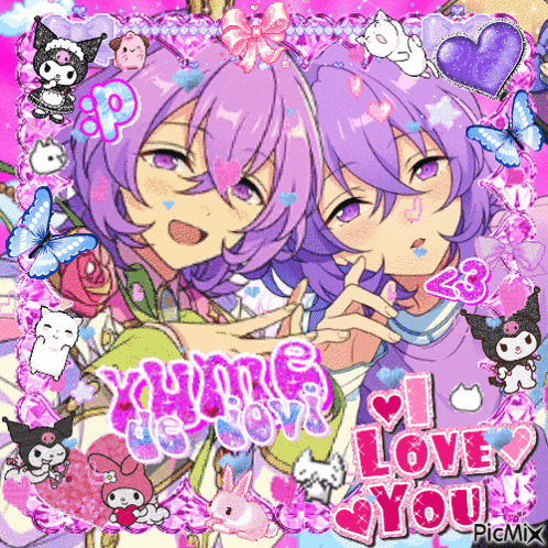 a couple of anime characters with purple hair and a pink background that says i love you