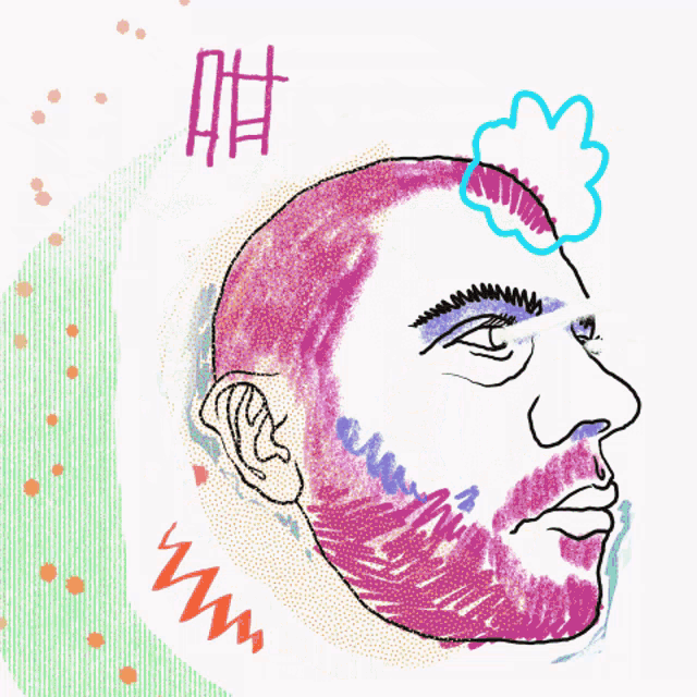 a drawing of a man with a beard and a flower on his head with the word yes below it
