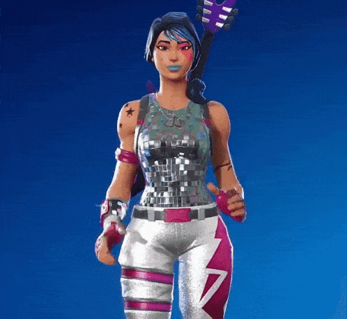 a woman is holding a guitar in her hand while wearing a disco outfit .