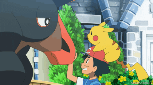 a cartoon of a boy and a pikachu with stream anime tv written on the bottom
