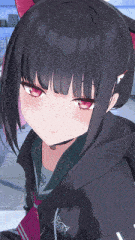 a girl with black hair and red eyes is wearing a black jacket with the letter x on the sleeve