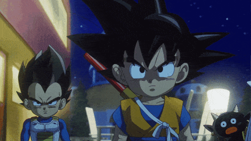 a cartoon of goku and vegeta standing next to each other at night