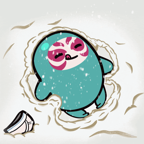 a cartoon character is laying in the snow with a broken shoe in the background