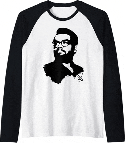 a baseball shirt with a bearded man wearing glasses
