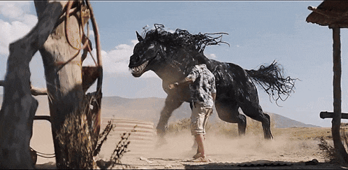 a man is standing next to a black horse with a very long mane