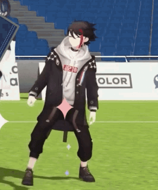 a 3d anime character is dancing on a field .