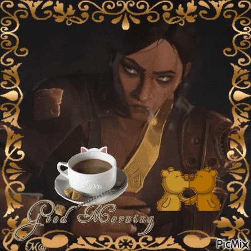 a picture of a woman smoking a cigarette with a cup of coffee and the words good morning on the bottom