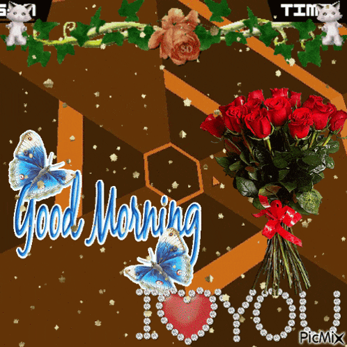 a bouquet of red roses is surrounded by butterflies and the words " good morning you "