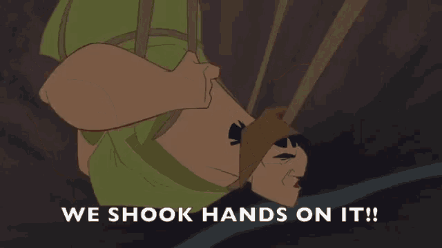 a cartoon of a man screaming with the words `` we shook hands on it '' .