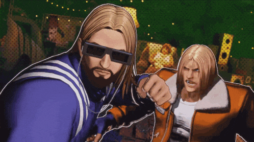 a man with a beard wearing sunglasses stands next to another man
