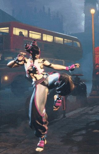 a woman in a video game is kicking in front of a double decker bus that says ' a ' on it