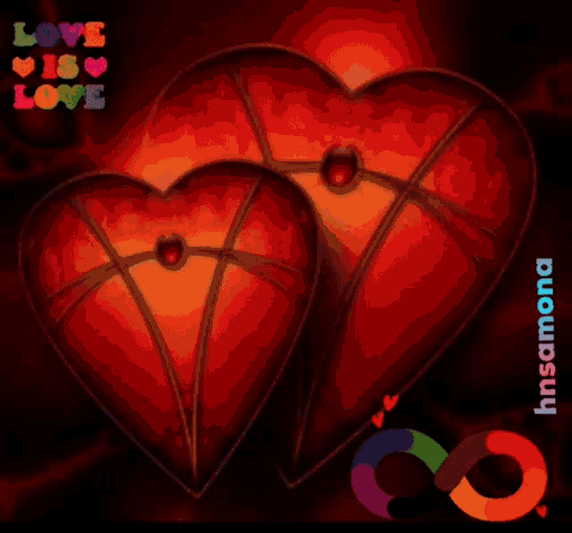 a couple of red hearts with the words love is love on the bottom