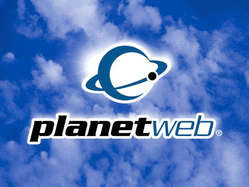 a blue and white planet web logo against a blue sky with clouds