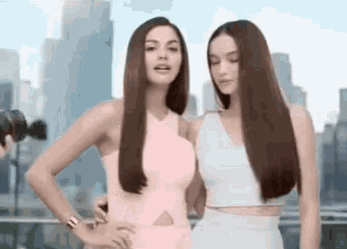 two women are standing next to each other in front of a city .