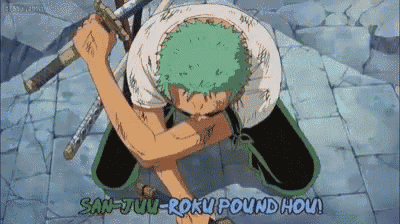 a man with green hair is kneeling down holding a sword with the words san-juu-roku pound hou written below him