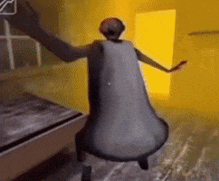 a cartoon character is dancing in a room with a yellow wall behind him