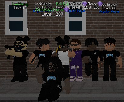 a group of roblox characters are standing in front of a brick wall and one of them has a level of 200