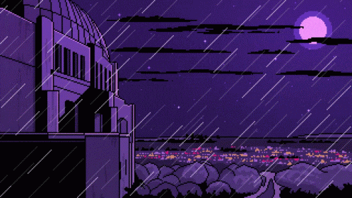 a pixel art of a building in the rain with the moon in the background