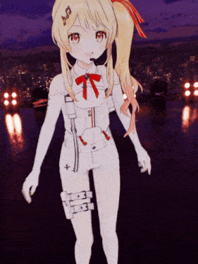 a girl in a white outfit with a red bow on her head