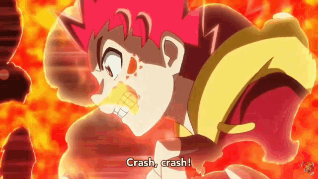 a cartoon character says crash crash while surrounded by fire