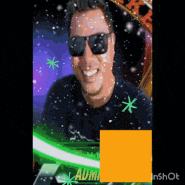 a cartoon of a man wearing sunglasses and a shirt that says aumm