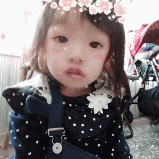 a little girl wearing a polka dot dress and overalls has a flower in her hair