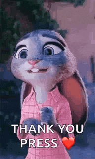 judy hopps from zootopia is holding a heart and saying thank you press .