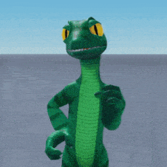 a green cartoon lizard with yellow eyes is standing on a tiled floor