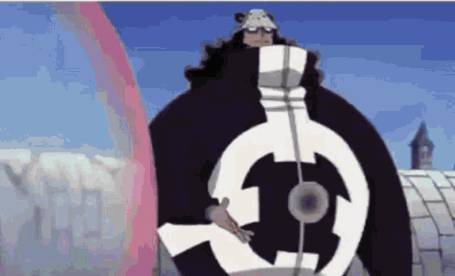 a cartoon character is wearing a black and white coat with a circle on it .